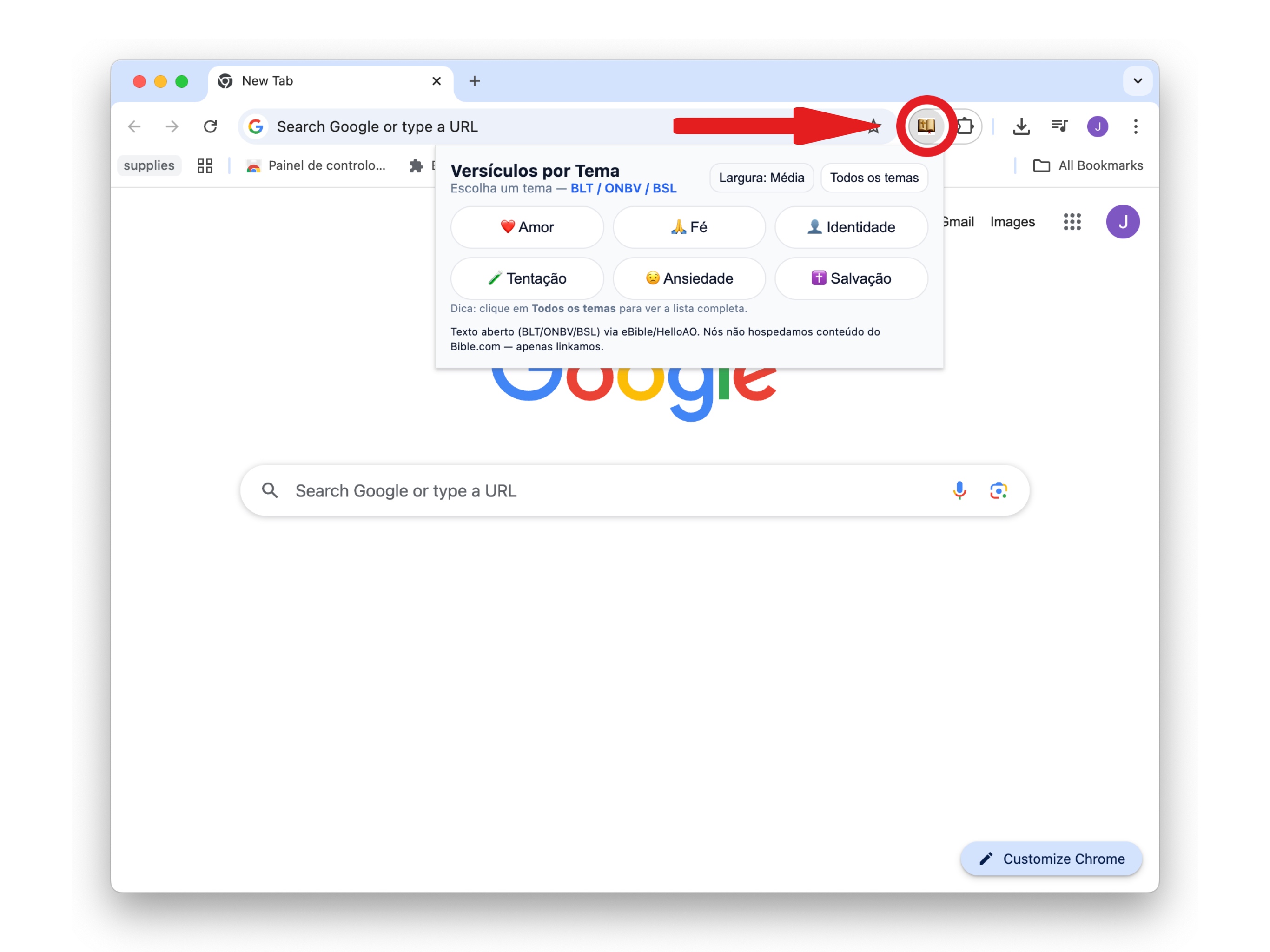 Painel da extensão mostrando tema selecionado, versículos e link Ler no Bible.com