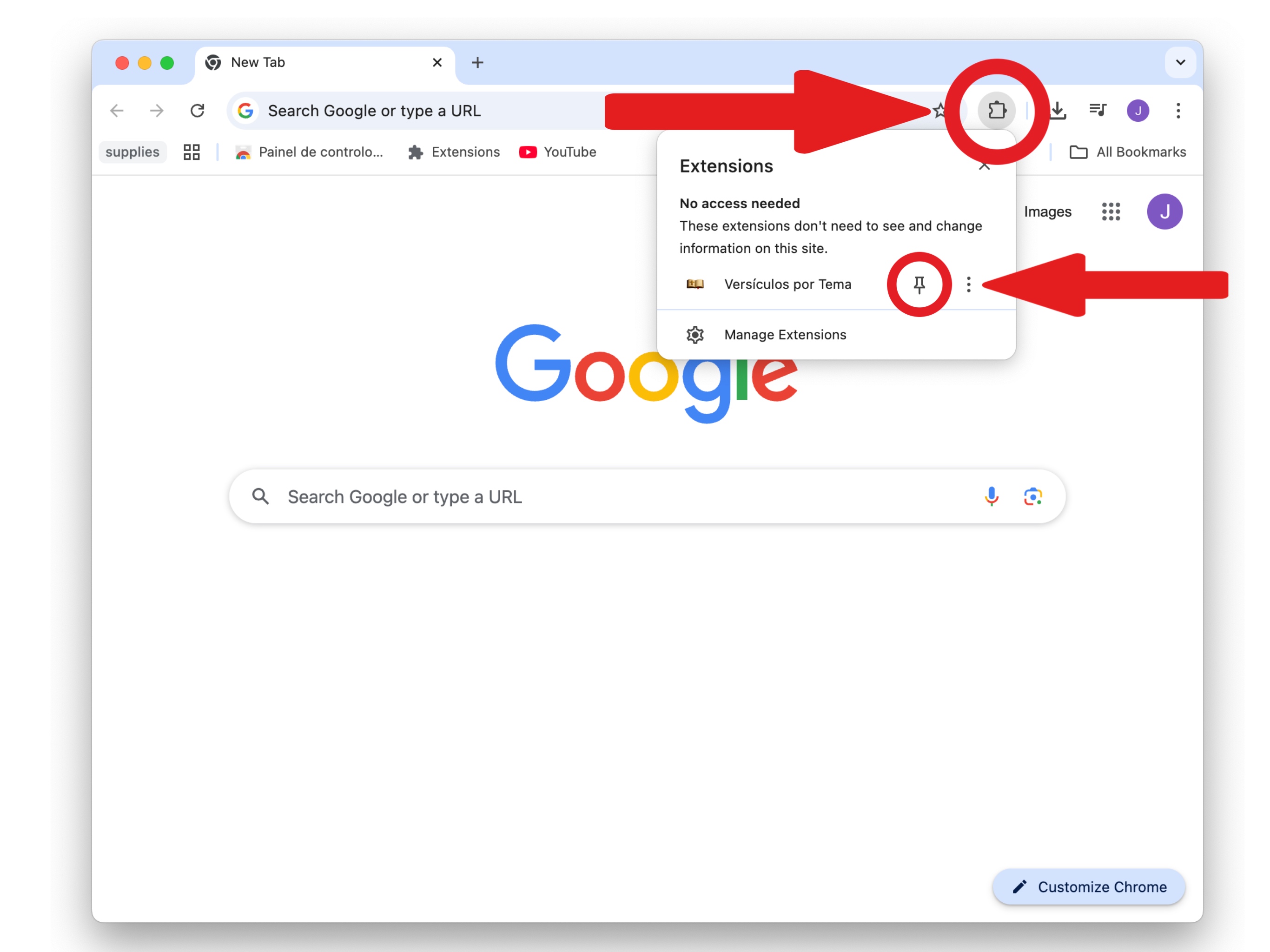 Como fixar a extensão Versículos por Tema na barra do Chrome